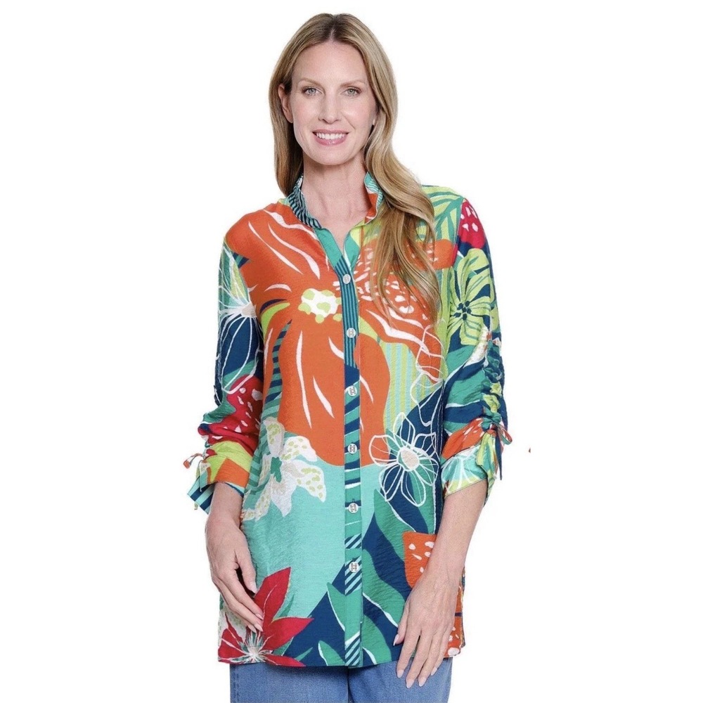 John Mark Tropical Floral Printed Button Front Tunic Shirt Plus Size 1X Hawaiian